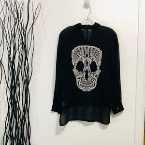 Love Culture Sheer Black Blouse Crochet Lace Skull